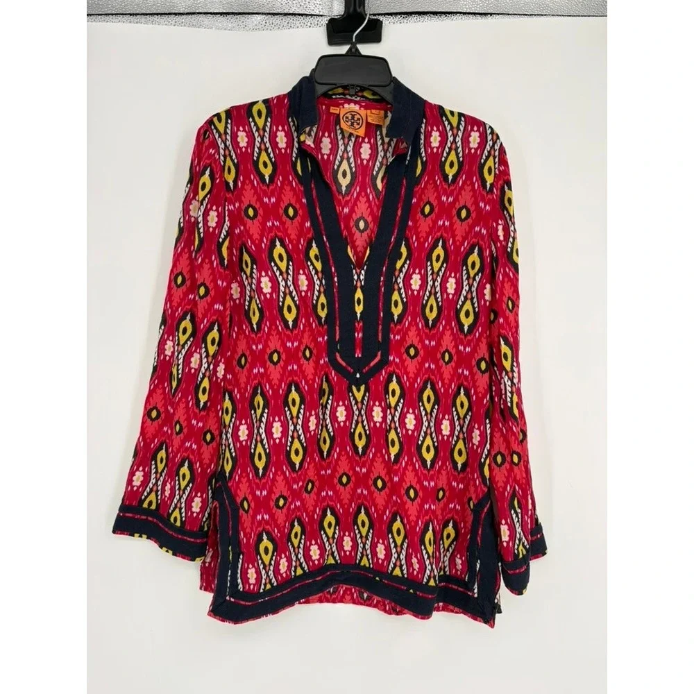 Tory Burch Tunic Women 6 Red Ikat Print V-Neck Long‎ Sleeve Side Slits Cotton